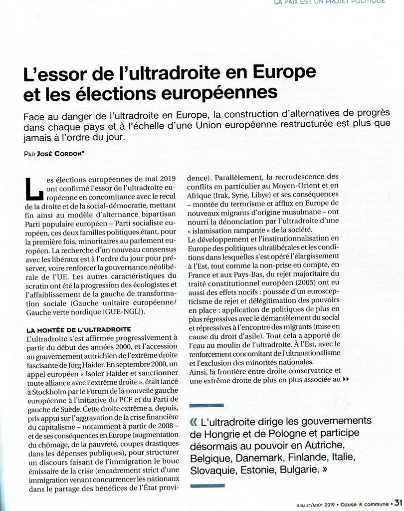 L'ESSOR DE L'ULTRA DROITE EN EUROPE ET LES ELECTIONS EUROPÉENNES ("Cause Commune" - Juillet Août 2019 - revue d'Action politique du PCF)