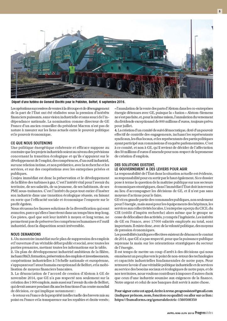 GÉNÉRAL ELECTRIC : STOP AU DÉMANTÈLEMENT 5"Progressistes " Avril Mai juin 2019 - revue PCF)