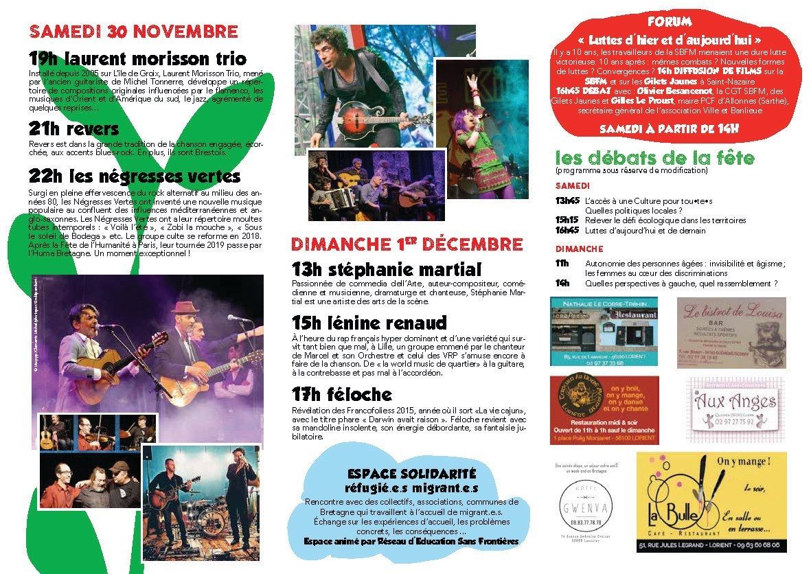 Samedi 30 novembre - Dimanche 1er Décembre: programme de la fête de l'Humanité Bretagne 2019 à Lanester (parc des expos de Lorient)