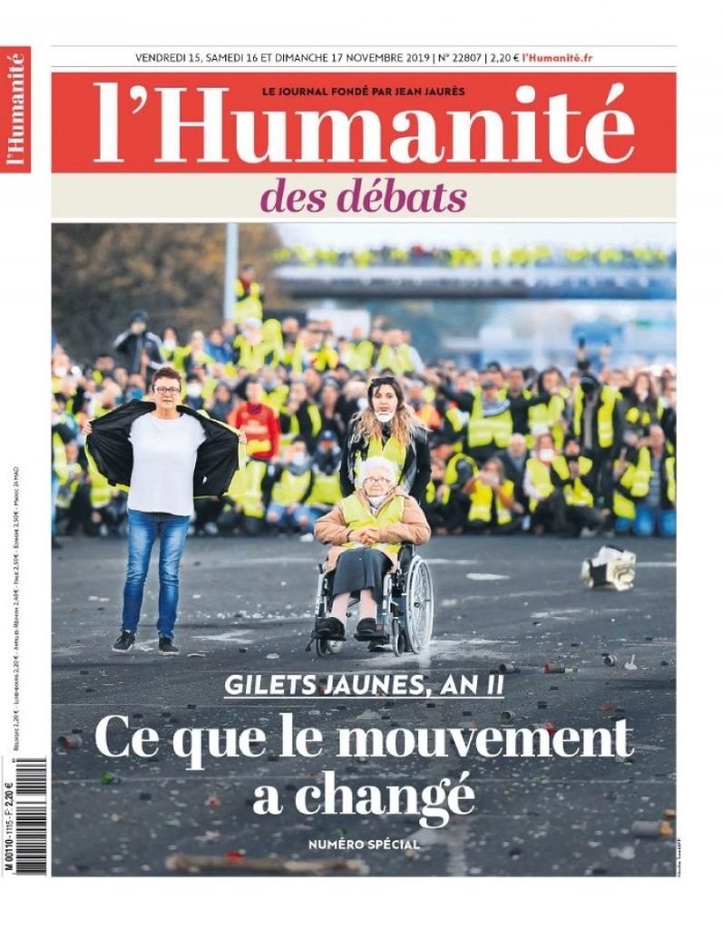 GILETS JAUNES, AN II. « LES GILETS JAUNES ONT REMIS LA JUSTICE SOCIALE AU CŒUR DU DÉBAT PUBLIC » (L’HUMANITE - Jeudi 14 Novembre 2019 - Diego Chauvet)