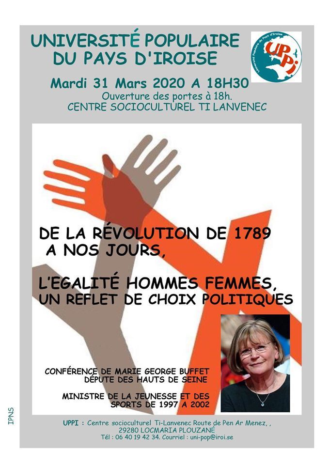 Mardi 31 mars: Marie-George Buffet, députée communiste, à Locmaria Plouzané, 18h30, sur l'égalité hommes femmes (UPPI)