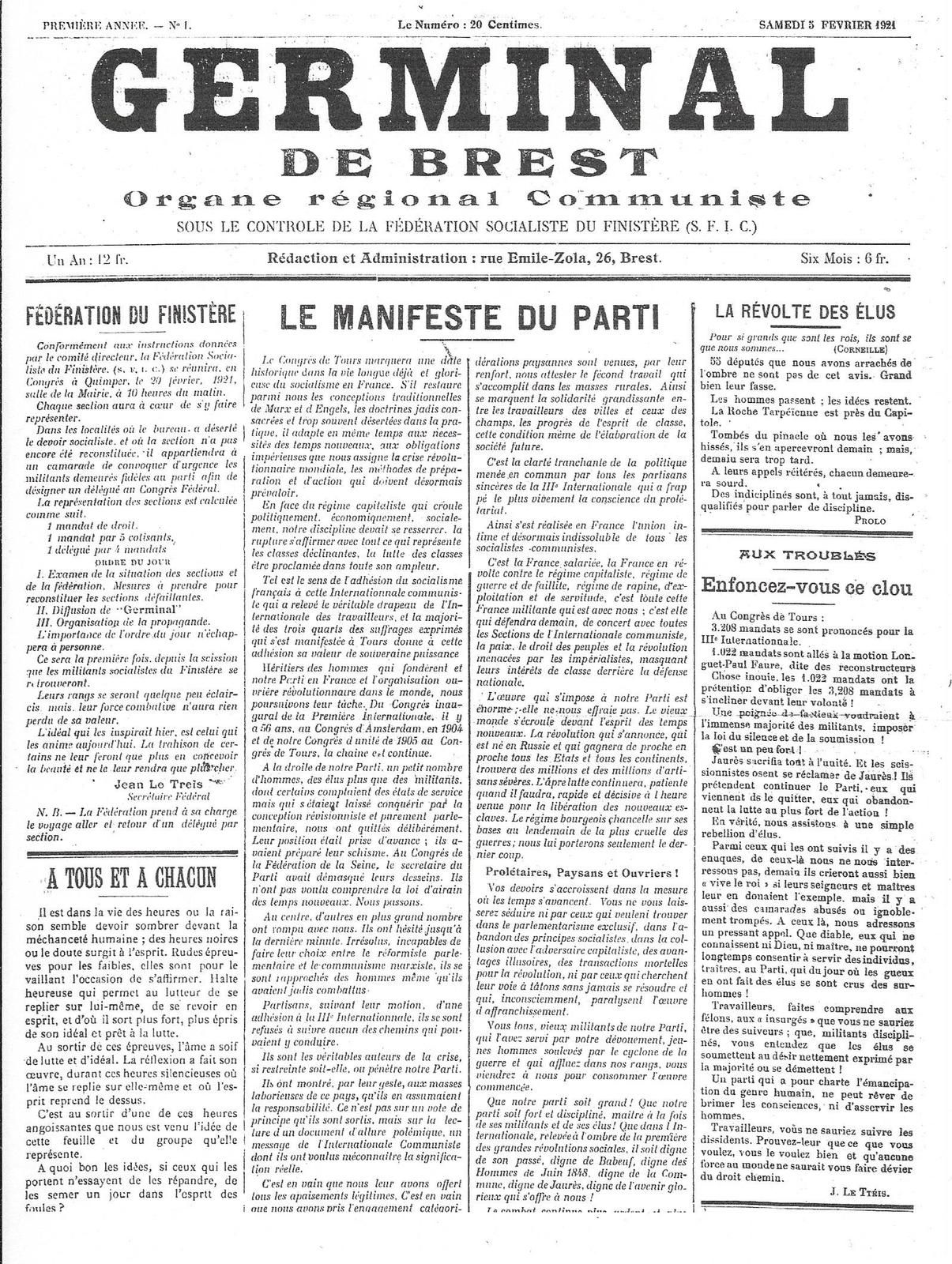 Germinal de Brest, organe régional communiste sous le contrôle de la SFIC - 1er numéro, 5 février 1921