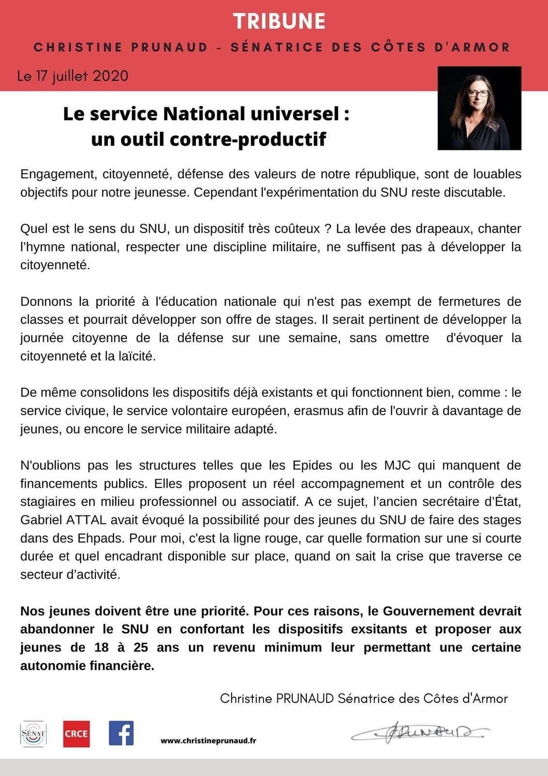 Le service national universel, un outil contre-productif: Christine Prunaud, sénatrice communiste des Côtes d'Armor, 17 juillet 2020 