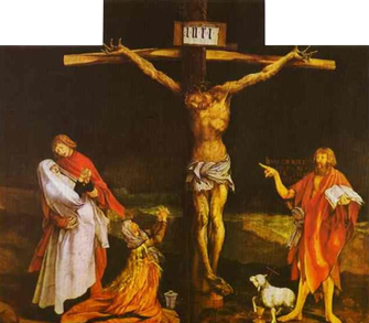 Au pied de la croix de Jésus, le disciple qu'il aimait, Marie sa mère et d'autres femmes (Grünewald, Musée d'Issenheim)