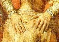 Les deux mains du père sur les épaules de son fils revenu à la vie (Rembrandt, "Le retour du fils prodigue")