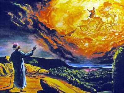 Le prophète Elie s'élève dans le ciel dans un char de feu sous les yeux d'Elisée