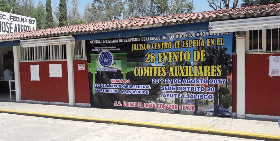 Affiche "28 Evento de Comites Auxiliares" (26-27 août 2017, à Ayutla, Jalisco) - Thème : "L'unité de AA, le grand coeur de AA"