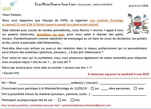 6_APEL_18/19 : Matinée Bricolage du 11/05/19