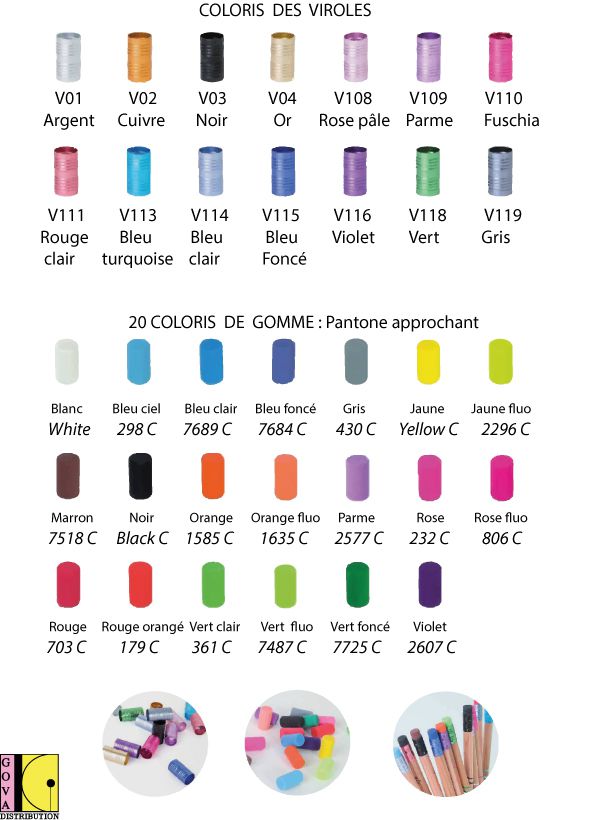 Coloris des viroles et gommes pour crayon papier naturel St Jacq en Cedre- ref GO87 12CF03