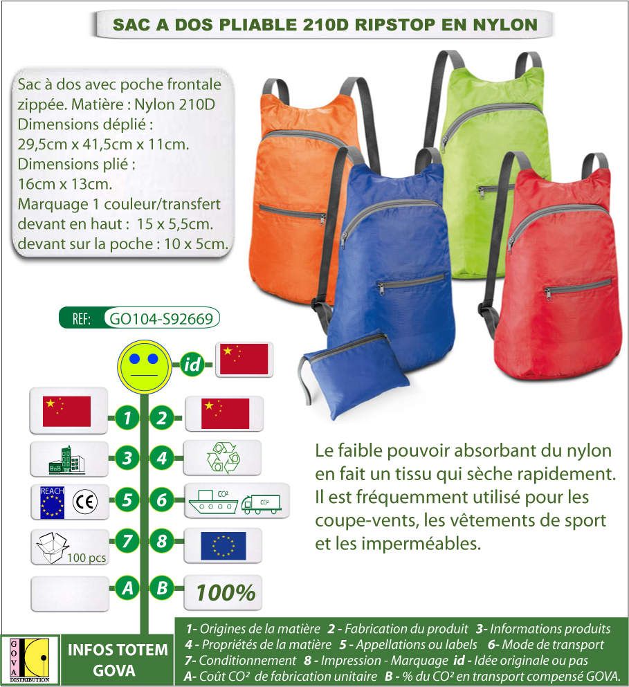 Sacs a dos pliables en nylon avec marquage publicitaire GO104-S92669