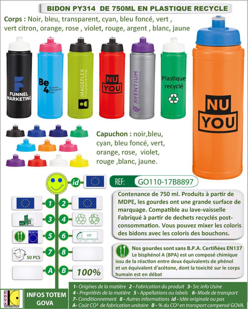 Bidon de 750ml en plastique recyclé