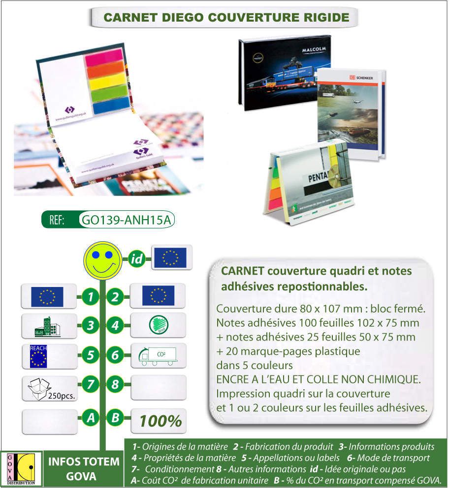 Carnet bloc-notes Diego couverture rigide avec marquage quadri et signets de couleurs repositionnables - GO139-ANH15A