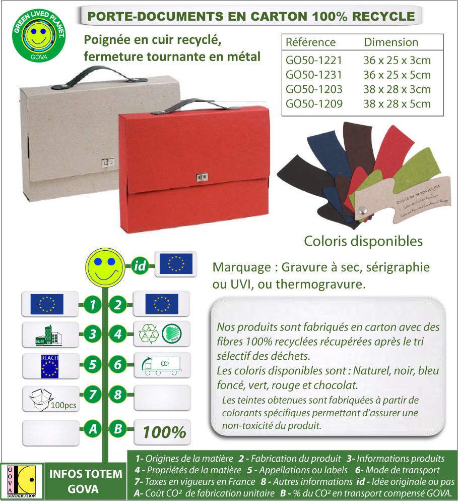 Porte-documents en carton recyclé avec poignée en cuir recyclé, fermeture tournante en métal