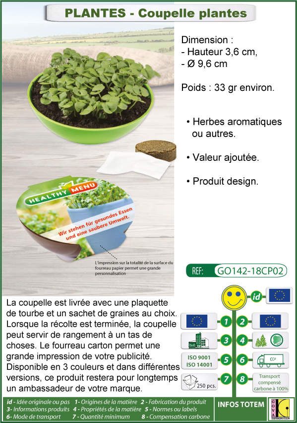 Graines a planter dans une coupelle design avec marquages publicitaires