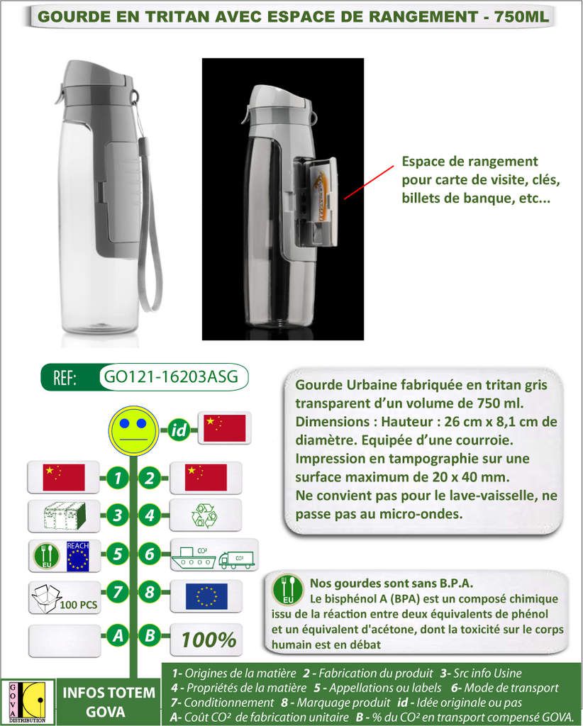 Bidon publicitaire de 750 ml en tritan avec compartiment à objets - GO121-16203ASG