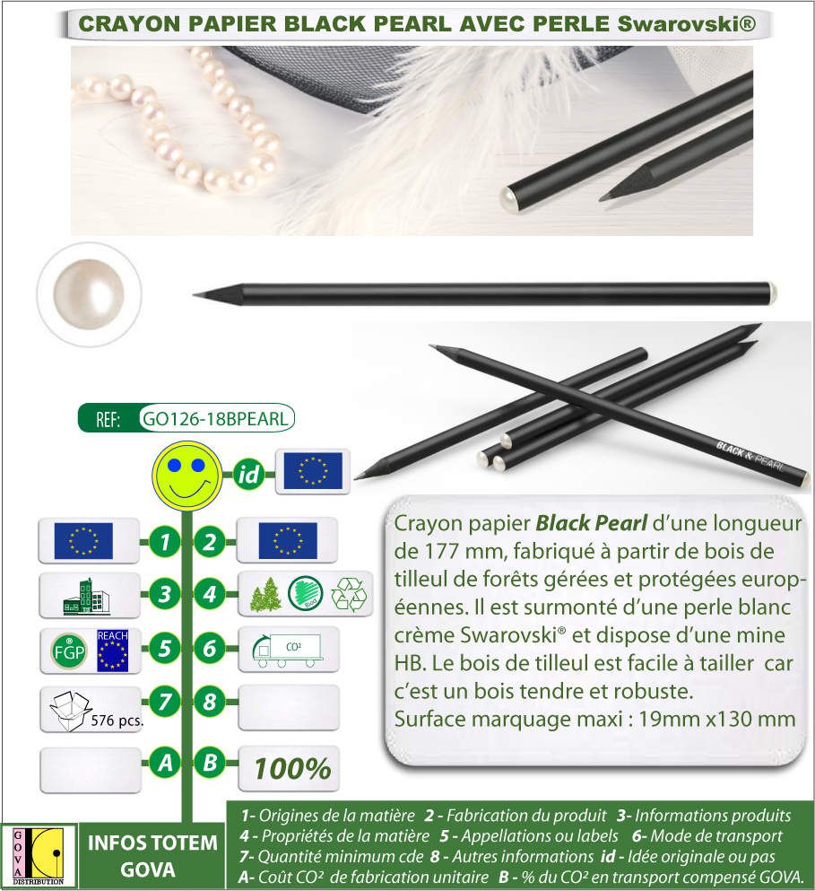 crayon papier Black-Pearl en bois de tilleul européen FSC avec perle certifiée swarovski - crayon publicitaire