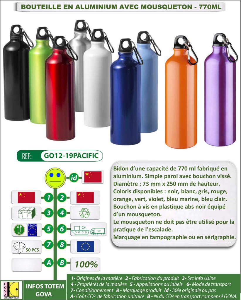 Bidon en aluminium de 770 ml avec mousqueton - marquage publicitaire - GO12-19PACIFIC