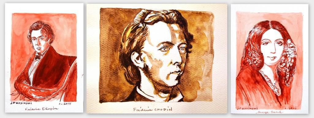 Aquarelle et lavis à l'encre 2016 : George Sand et Frédéric Chopin, d'après des peintures ou photographie d'époque