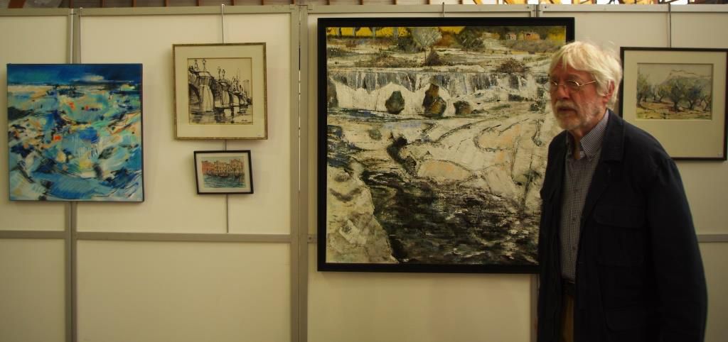 Huile, encre et aquarelle de Jean-Claude Hiolle "Les cascades de Sautadet", "Le pont neuf emballé", "les oliviers", "Venise les gondoles"