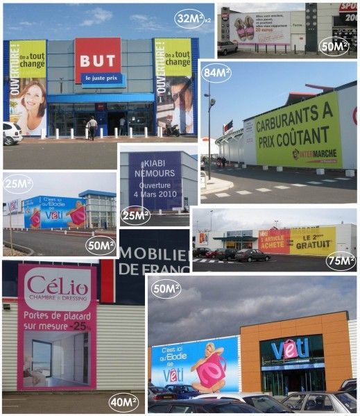 AFFICHAGE PUBLICITAIRE GRAND FORMAT SUR LES FACADES DES MAGASINS DE LA GRANDE DISTRIBUTION.