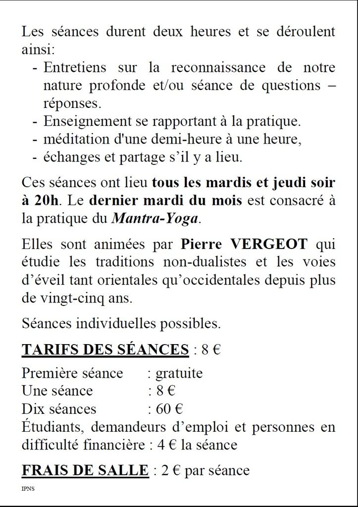 Méditation:mardi/ jeudi à 20h avec PIERRE VERGEOT mantras chaque dernier mardi du mois