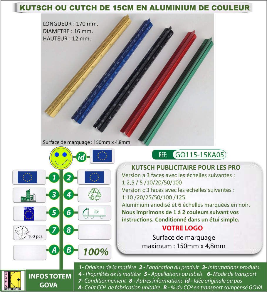 Kutch 15 cm en aluminium de couleur avec échelles sur mesure + votre logo de fabrication européenne
