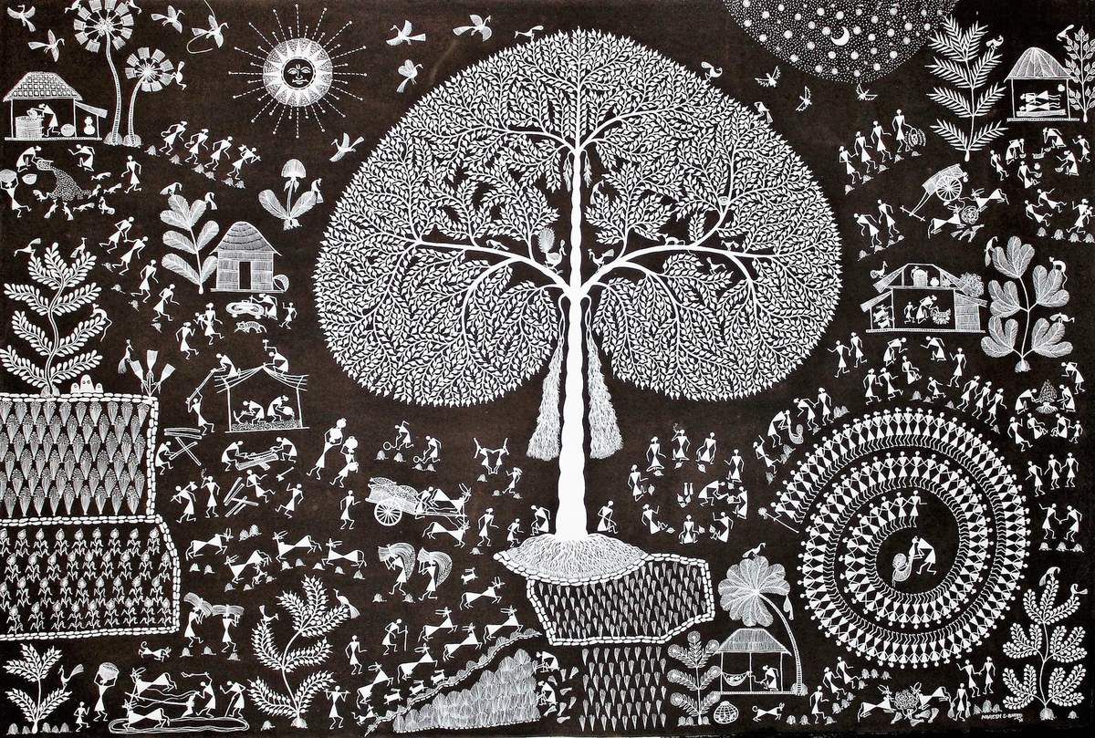 L'arbre cosmique des Warlis et la spirale avec le prêtre