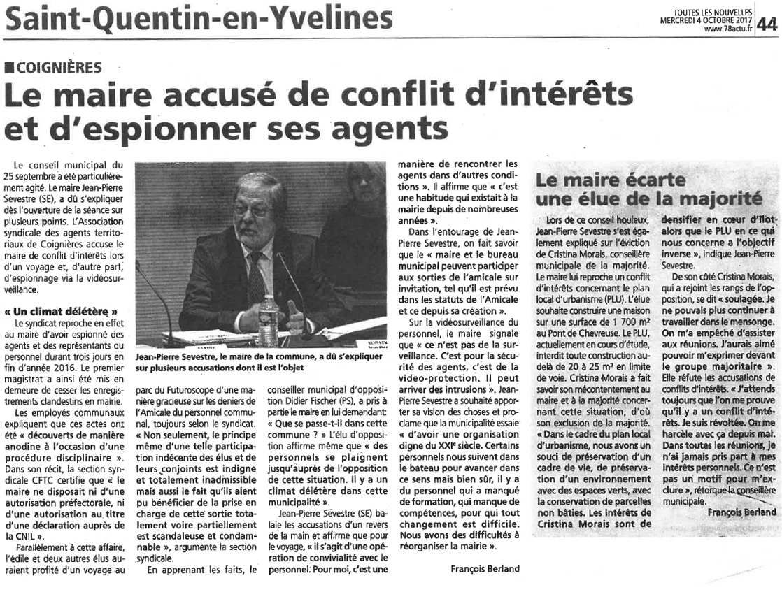 SQY Coignieres - Le Maire accusé de conflits d'intérêts et d'espionner les agents