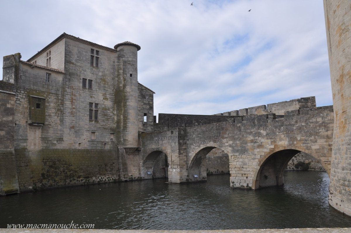 Douves et pont en pierre menant à la Tour Constance. 