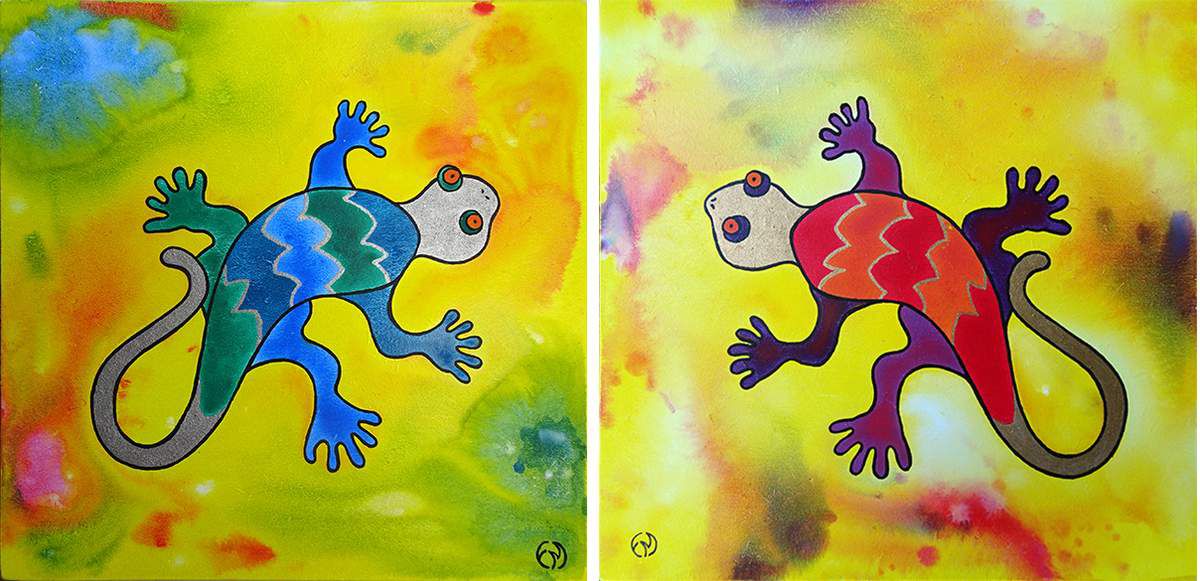 tableau peinture diptyque les geckos