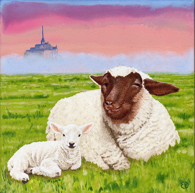 tableau peinture Une Brebis et son agneau au Mont Saint Michel (3)  20 x 20 cm - 70 euros