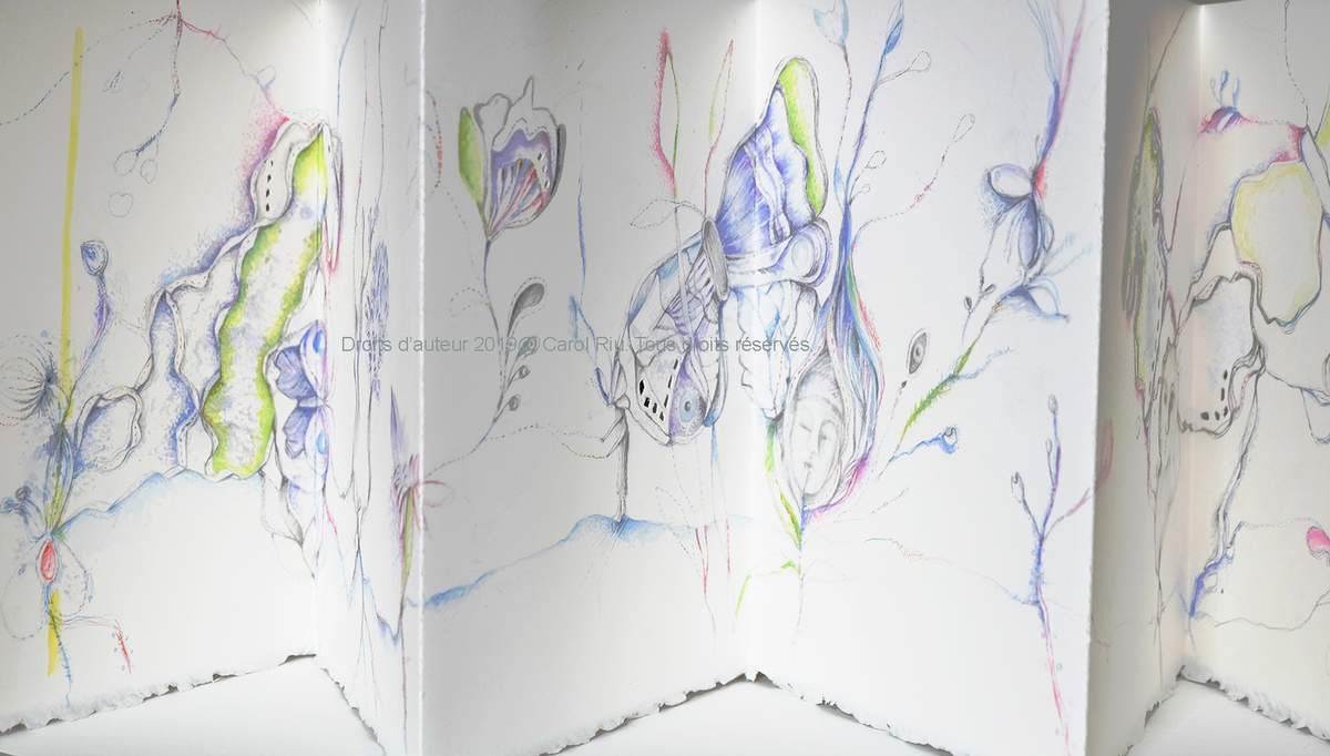 Leporello . 22 cm x 100 cm. Dessin, aquarelle sur papier aquarelle. Couverture tissu.