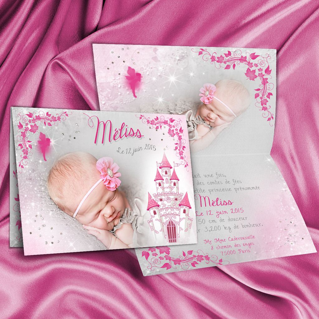 Faire-part de baptême et naissance conte de fées fuschia argent
