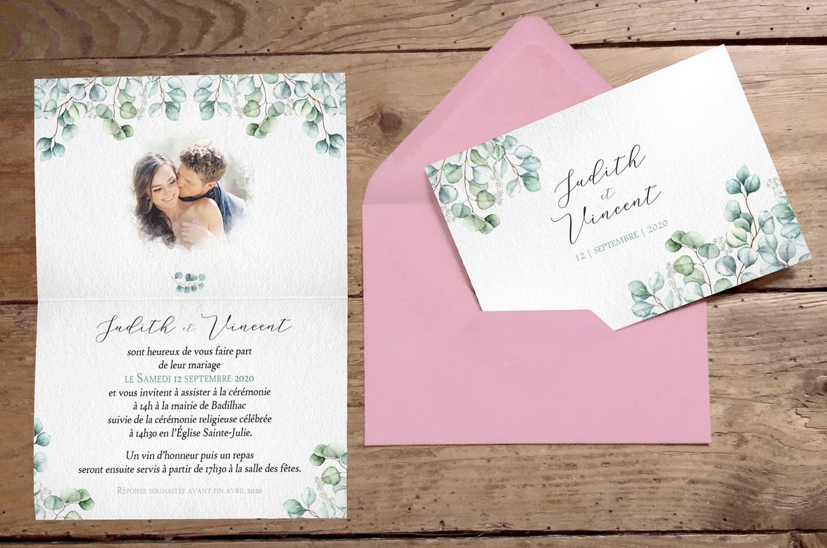 Faire-part de mariage minimaliste, illustré d'eucalyptus