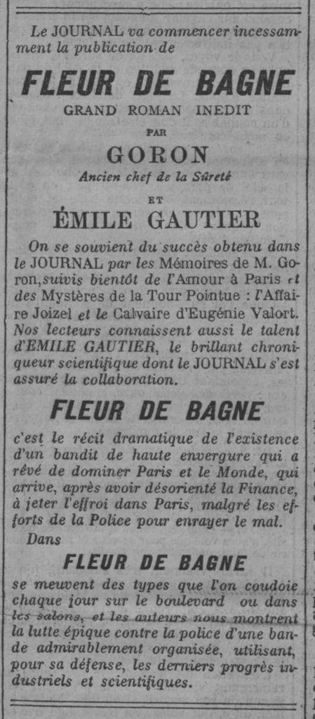 Publicité pour "Fleur de Bagne", de Marie-François Goron & Émile Gautier (1901)