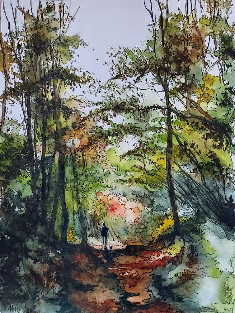 aquarelle paysage de forêt arbres et chemin par Abby