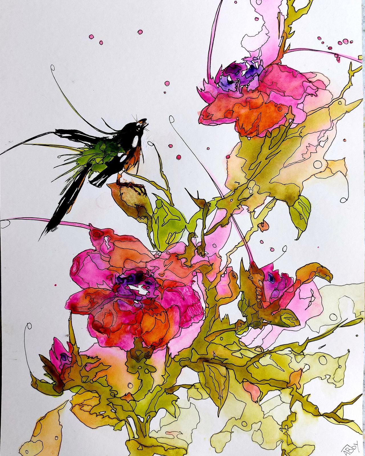Aquarelle et feutre sumie fleurs et oiseau Abby