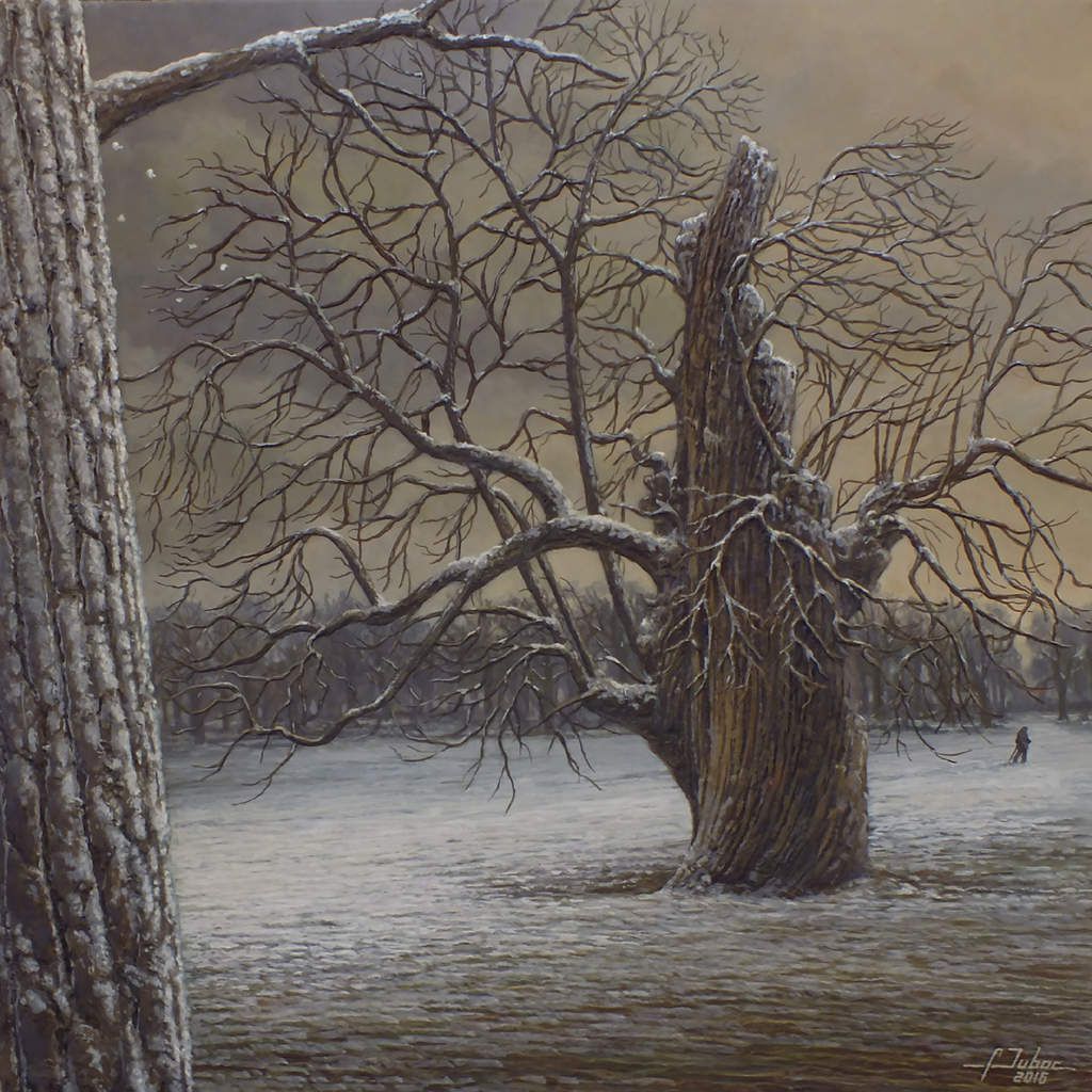 arbre, peinture, art, tableau, neige