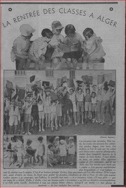 Rentrée 1934 à Alger - Les studieuses fillettes se penchent déjà sur un bel Atlas, tandis que les garçons expriment bruyamment leur plaisir de se retrouver. - Echo d'Alger (gallica/bnf)