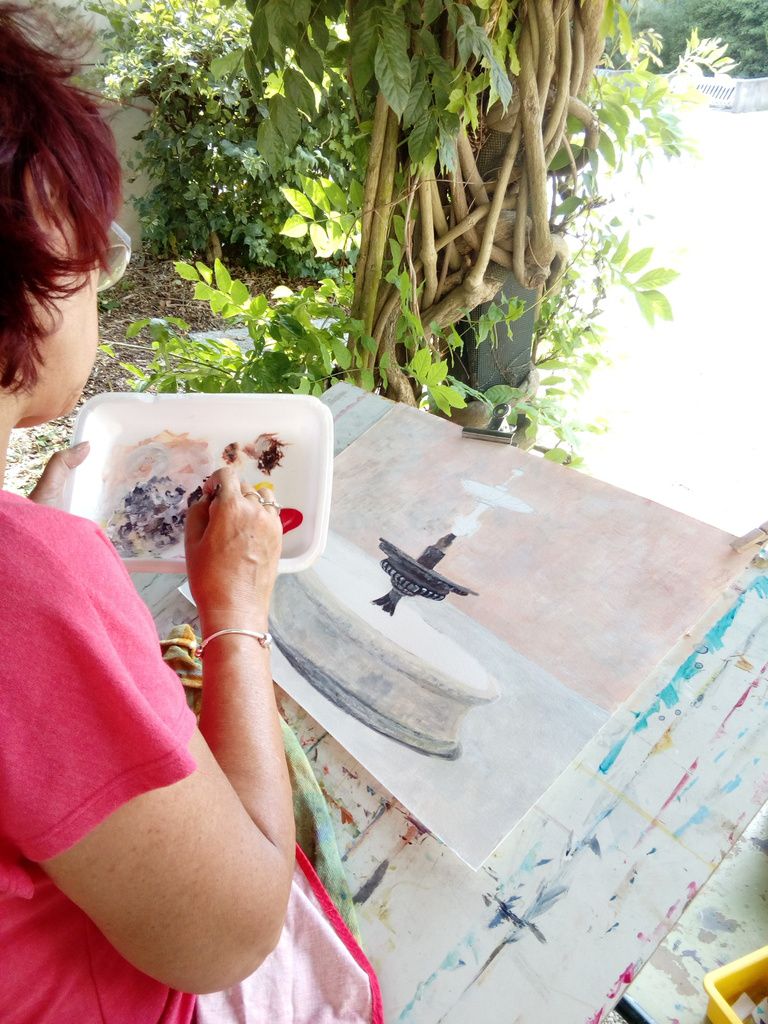 Cours de peinture acrylique avec Fabienne le 22 juin, jour de canicule!