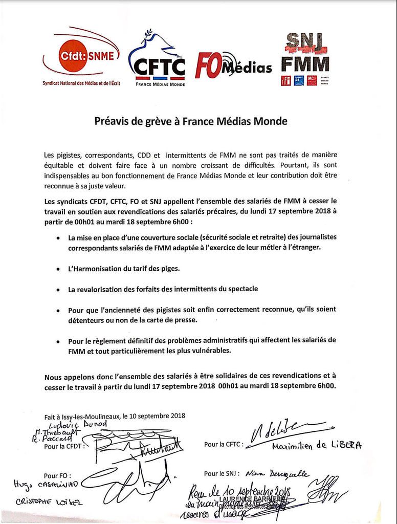 Préavis de grève pigistes et intermittents