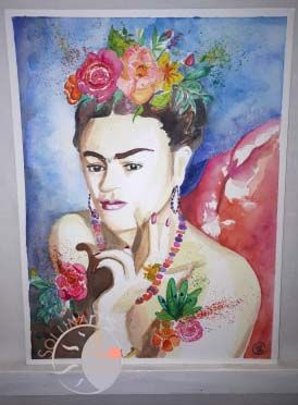 Solunart's partage avec vous son admiration pour Frida Kahlo à travers une peinture à l'aquarelle colorée et vivante pour célébrer la vie!