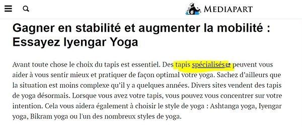 Article titré “Les styles de Yoga et leurs combats : se sentir mieux au quotidien”, avec un lien habilement caché par "Geoffroy" vers un site de tapis de yoga. Capture d'écran