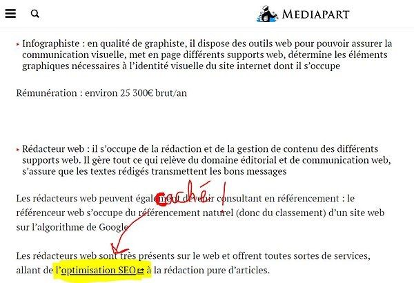 Article “Les métiers du web passionnent plus de 45% des freelances français” publié sur le site de Mediapart. Il porte sur l’ensemble des médias du web. Noyé entre les métiers vient celui de rédacteur web. Ici Alexandre a placé habilement un lien vers son propre site web. Capture d'écran