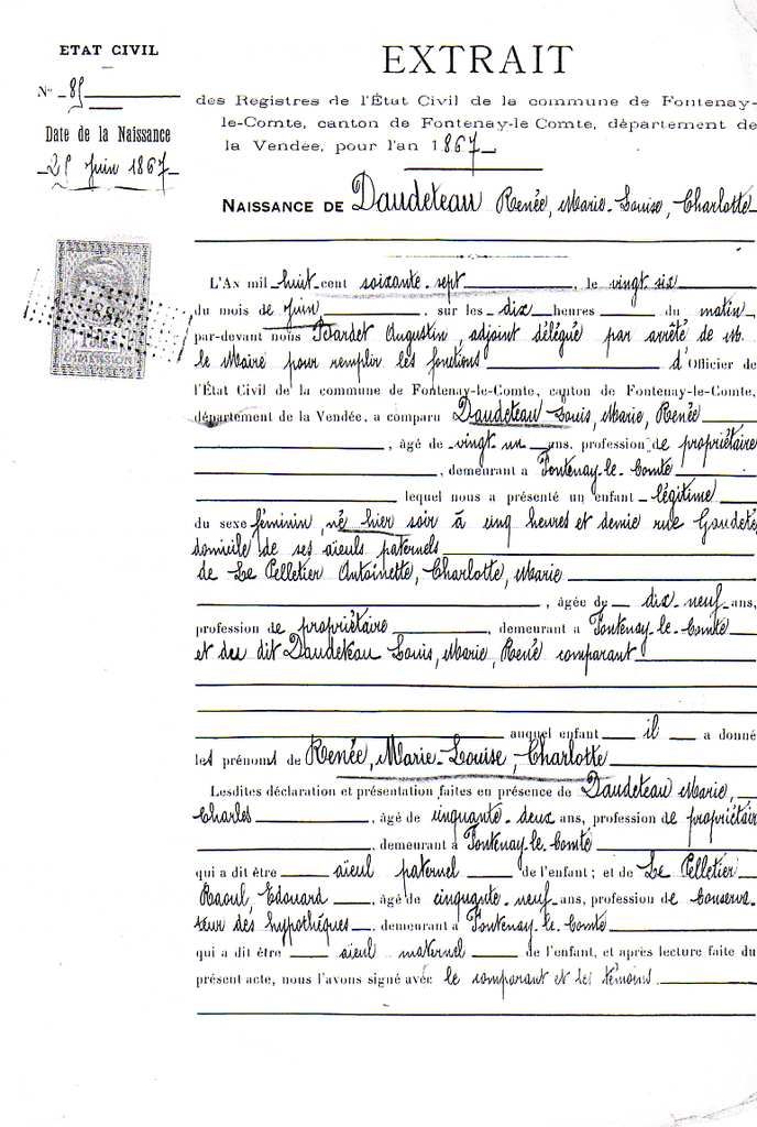 Extrait d'acte de naissance de Renée Daudeteau, épouse de Xavier Marie ...