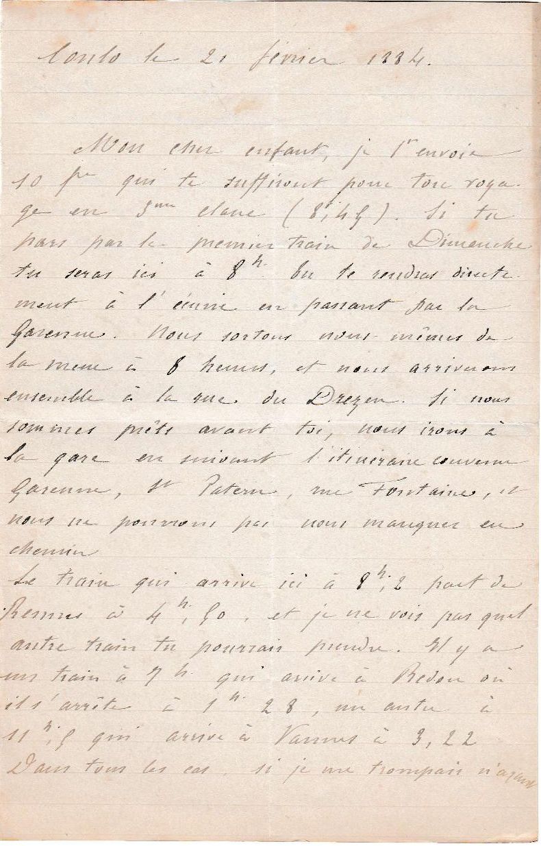 Lettre de Henri Desgrées du Loû à son fils Emmanuel - 21/02/1884 ...