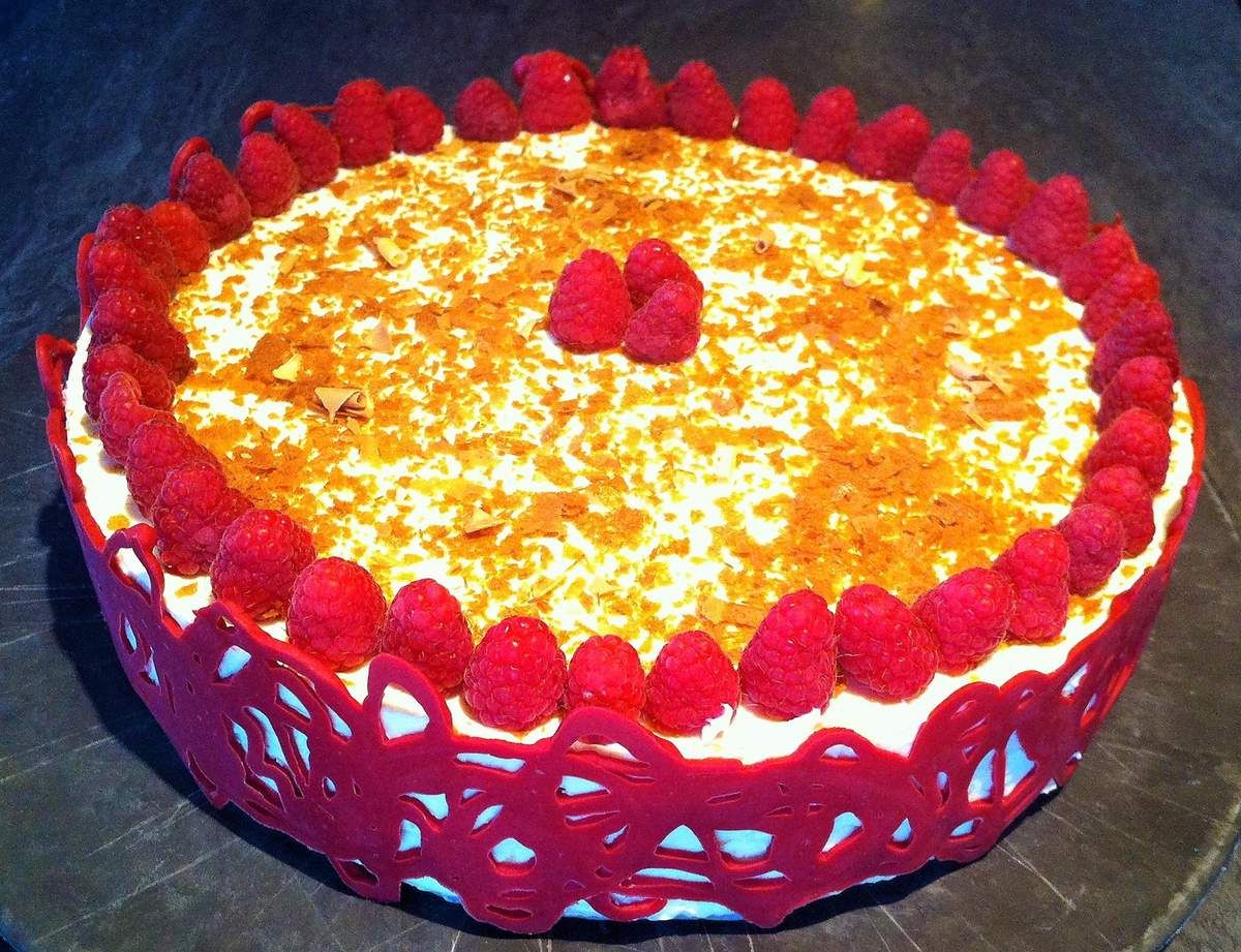 Entremet Framboise Mousse Vanillee Croutillant Chocolat Blanc Praline La Cuisine De Fanie