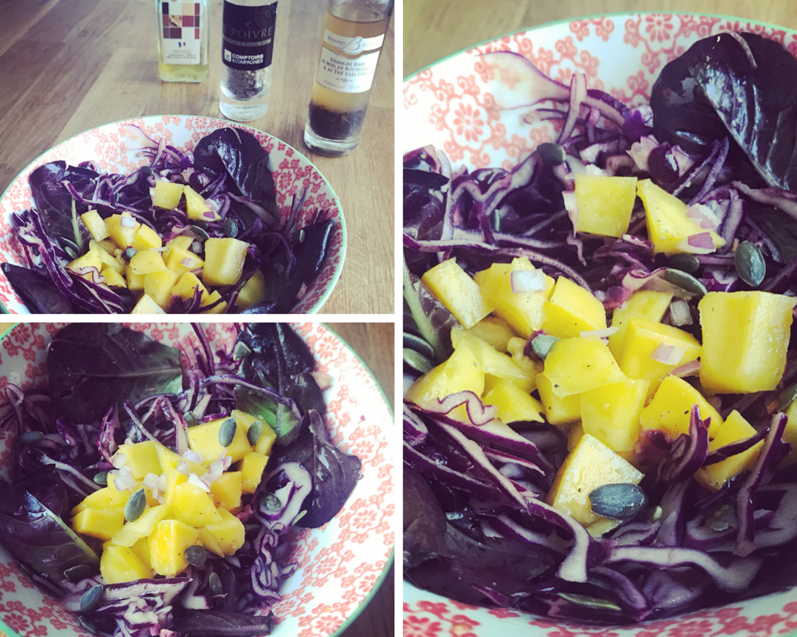 Salade mangue, chou rouge, feuille de chêne, graines de courge