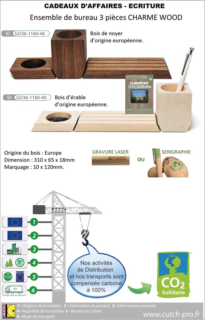 Pots a crayons ensemble de bureau en bois avec marquage publicitaire fabrication europeenne GO36-FSC1160.