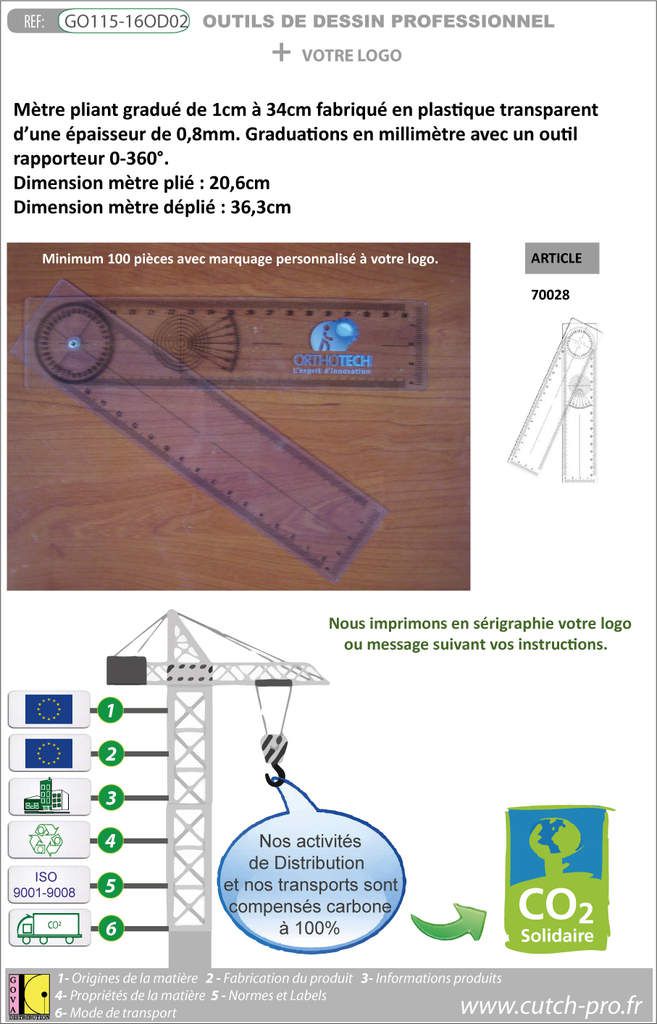 Regle de geometrie publicitaire avec rapporteur de 360 degres fabrication europeenne GO115-16OD02.